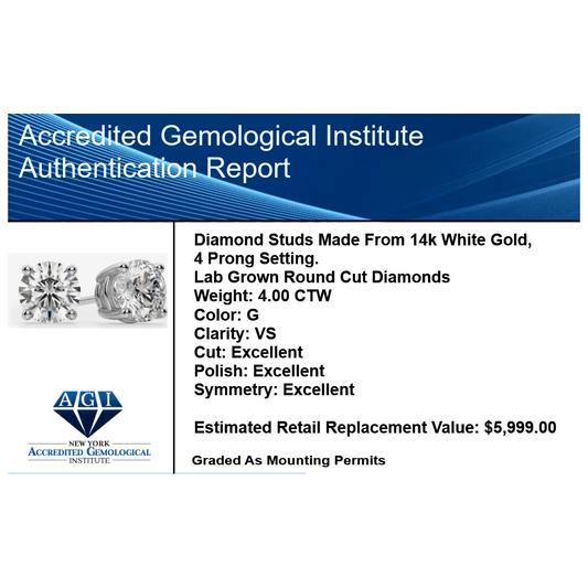 4.00 CTW AGI Certified Lab Grown Diamond Stud Earrings in 14K White or Yellow Gold - G Color VS Clarity - New Generation Old Tradition