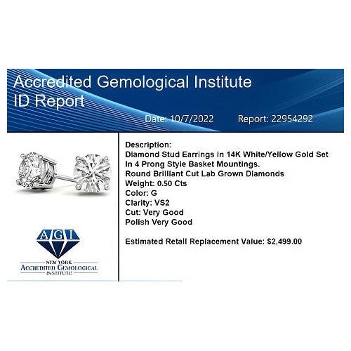 0.50 CTW AGI Certified Lab Grown Diamond (G - VS) Stud Earrings in Choice Of 14K White or Yellow Gold - New Generation Old Tradition